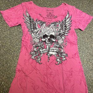 Archaic by Affliction Women’s T-Shirt - Size Large - Pink w/ Wings (WS010)